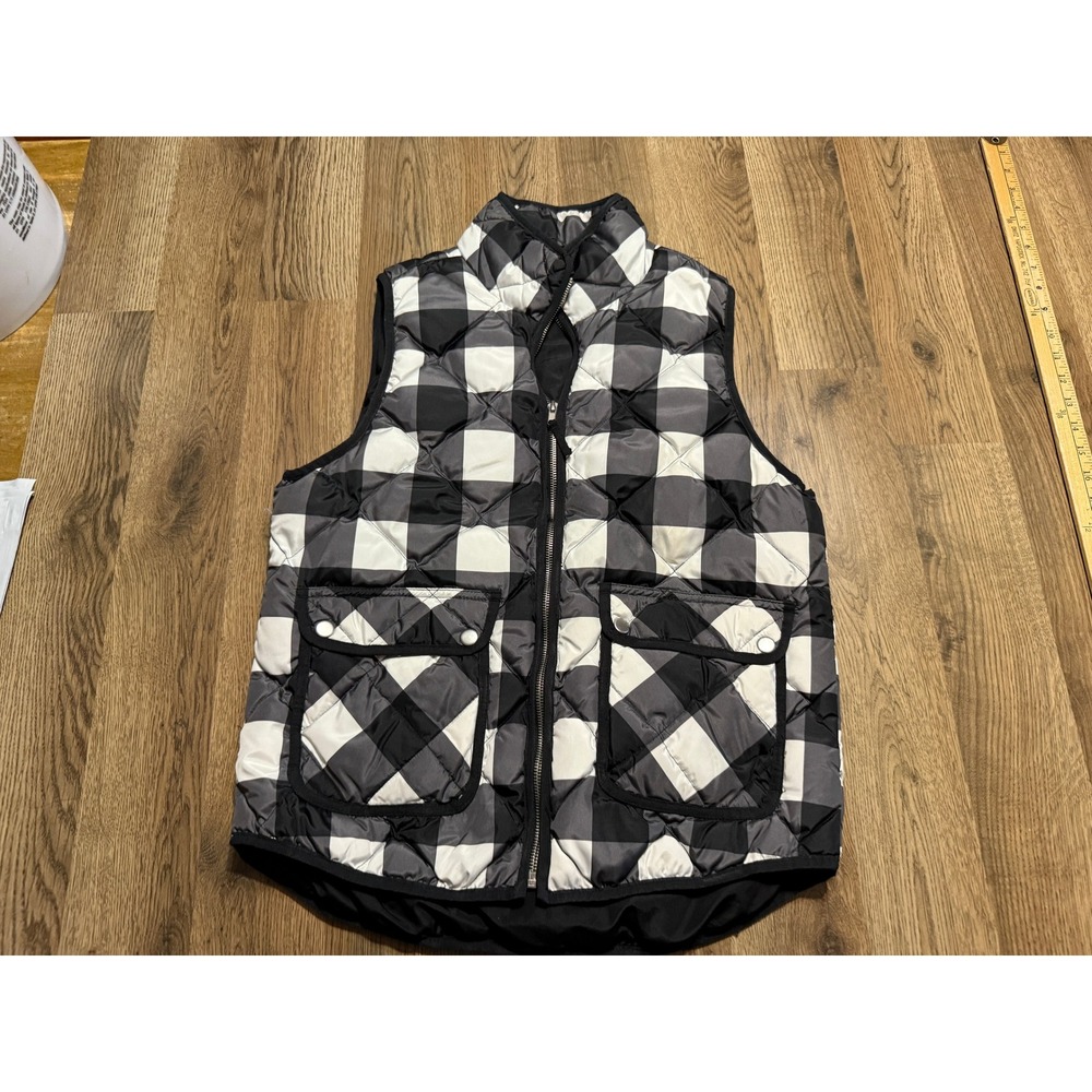 Woolrich Jacket Women Size M Black White Puffer Quilted Down Fill Buffalo Plaid